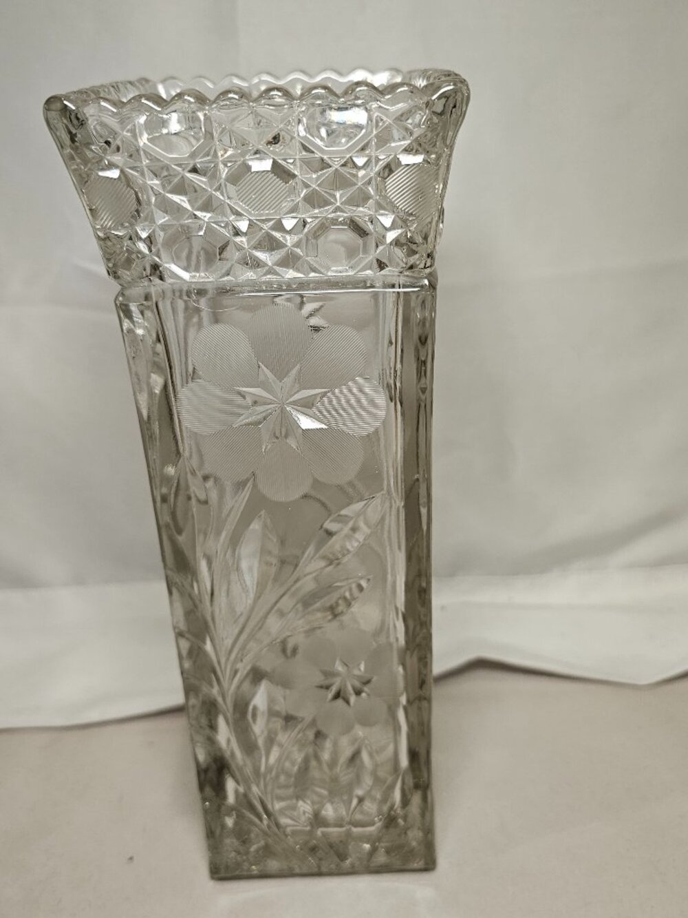 McKee Glass Innovation 410 Vintage Cut Pressed Crystal Square Vase MCM